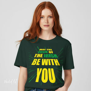 Person wearing a green t-shirt with yellow and green text on a plain background
