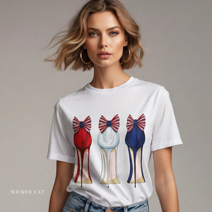 Person wearing a dark gray t-shirt with 'Patriotic Fashion July 4th' design on a plain background