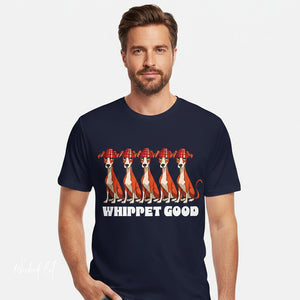 Person wearing a Aqua t-shirt with 'Whippet Good Devo 80's Music Funny' design on a plain background