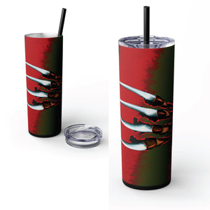mug with 'Nightmare on Elm Freddy Krueger Skinny Tumbler 20oz' graphic on a white background