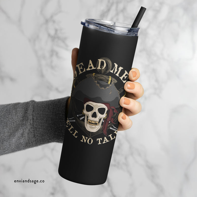 mug with 'Dead Men Tell No Tales Pirate Skull Tumbler with Straw 20oz' graphic on a white background