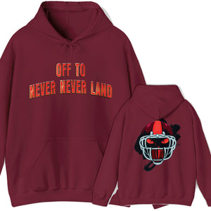 Person wearing a maroon hoodie with 'Va Tech Football Sandman' design on a plain background