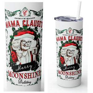 mug with 'Mama Claus Moonshine Christmas Insulated Tumbler 20oz' graphic on a white background