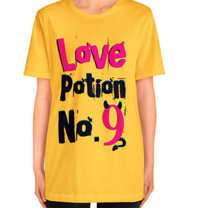 Person wearing a Natural t-shirt with 'Love Potion No 9 Witchy Woman' design on a plain background